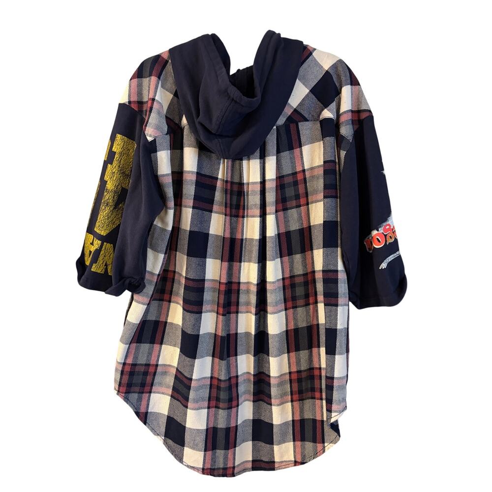 Free People Maddox Patched Plaid Tunic Womens Oversized Varsity Shirt W/ Hood M - Picture 4 of 7